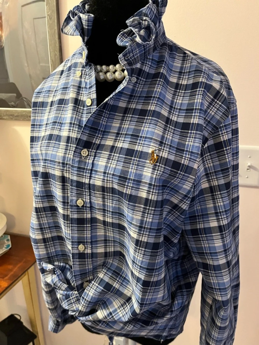 Upcycled Ralph Lauren Navy and Light Blue Plaid Shirt with ruffle collar - Picture 2 of 7